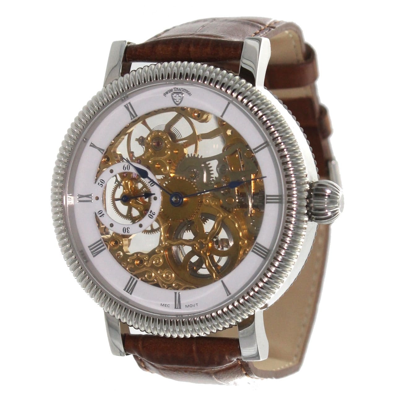 Swiss Tradition Mens Mechanical Movement Skeleton Dial Brown Leather Band Watch
