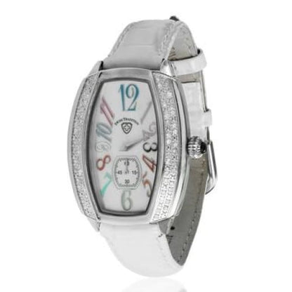 Swiss Tradition Tonneau Crystal Accented White Leather Strap