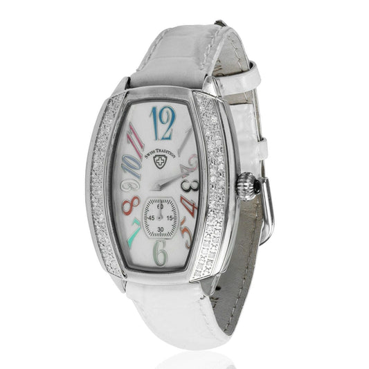 Swiss Tradition T100LWSKW Tonneau Crystal Accented White Leather Strap Watch 4943353137510