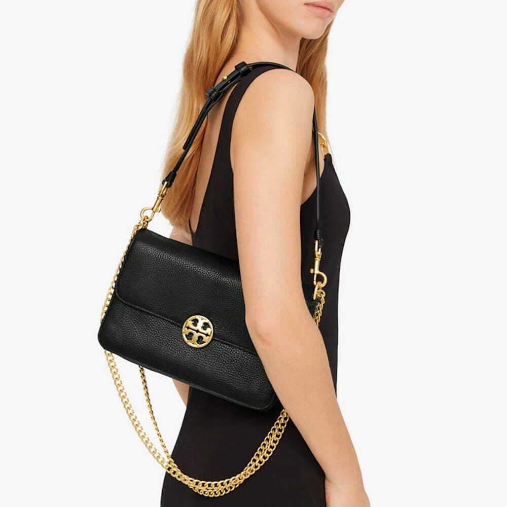 Tory Burch Chelsea Convertible Shoulder Bag in Gold Chain Black Leather 190041867400