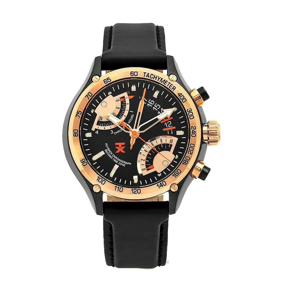 TX T3C178 Flyback Black Dial Rose Gold Bezel Men's Leather Dual Time Chronograph Watch 753048343010